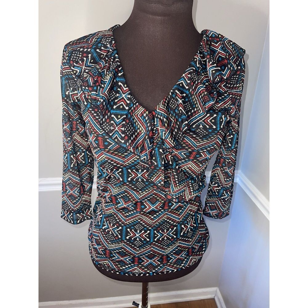 Chaps V Neck Ruffle Y2K Mesh Coquett Womens Shirt Small NWT